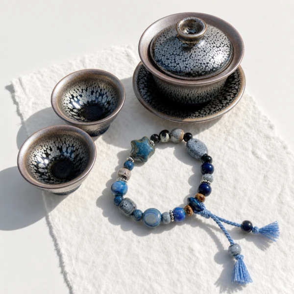 Aquarius Galaxy Ceramic Pairing — Star Bracelet & Oil-Spot Tenmoku Tea Set