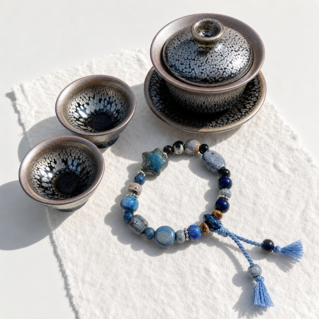 Aquarius Galaxy Ceramic Pairing — Star Bracelet & Oil-Spot Tenmoku Tea Set
