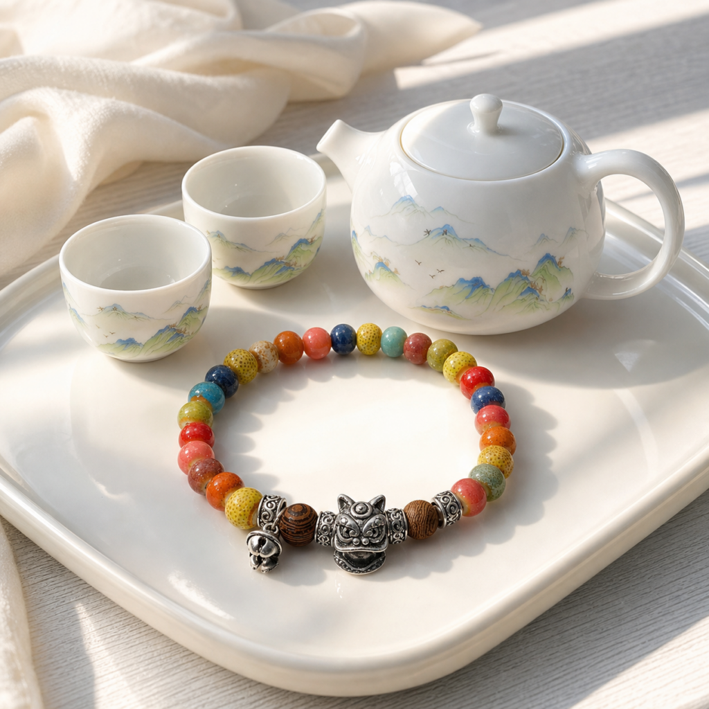 Aries Sunrise Porcelain Pairing — Lion Bracelet & Landscape Travel Tea Set