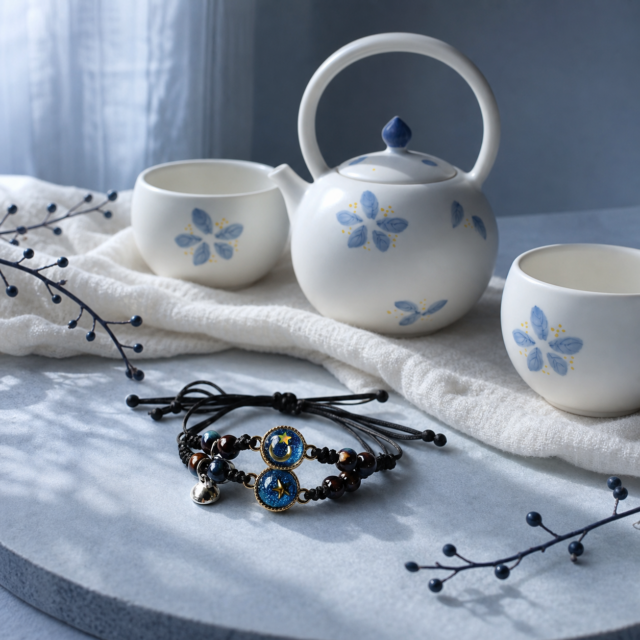 Cancer Moonlit Home Pairing — Starry Bracelet & Blue Floral Teapot Set