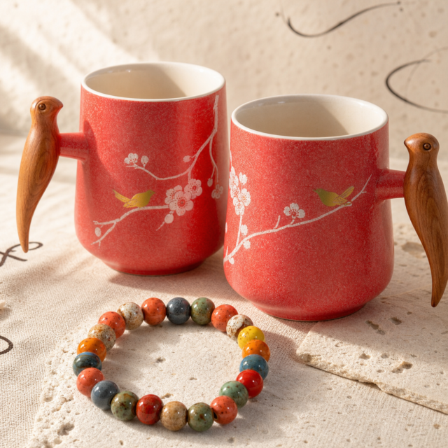 Gemini Double Joy Ceramic Pairing — Rainbow Bracelet & Magpie Cup Set