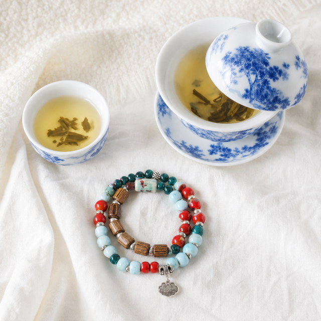 Libra Blue & White Harmony Pairing — Ceramic-Wood Bracelet & Landscape Gongfu Set
