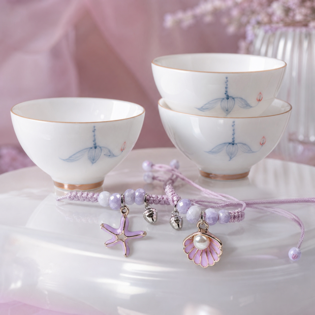 Pisces Ocean Dream Pairing — Starfish Bracelet & Hand-Painted Lotus Cups