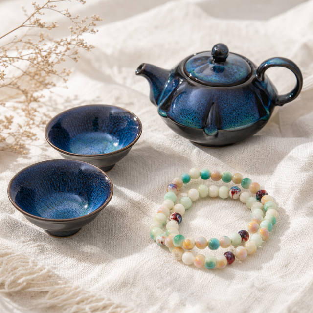 Sagittarius Travel Pairing — Watercolor Bracelet & Starry Blue Tea Set