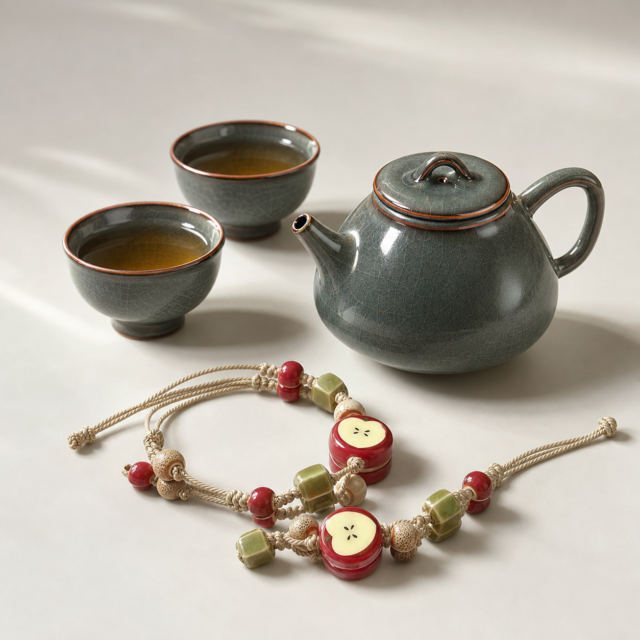 Taurus Abundance Ceramic Pairing — Apple Bracelet & Crackle-Glaze Tea Set