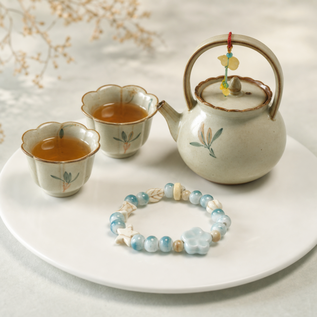 Virgo Botanical Morning Pairing — Pastel Bracelet & Orchid Loop-Handle Tea Set